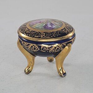 Limoges France Footed Trinket Box Cobalt Blue Gold Floral Design W/ Romantic Sce